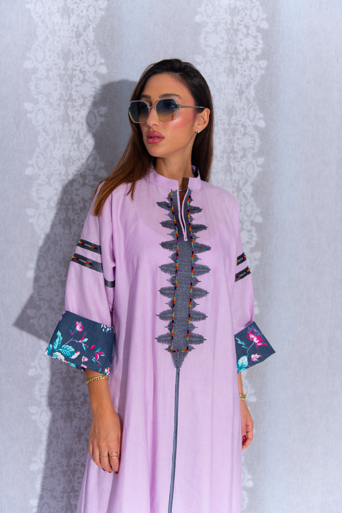 Pink Linen Abaya with Tribal Accents