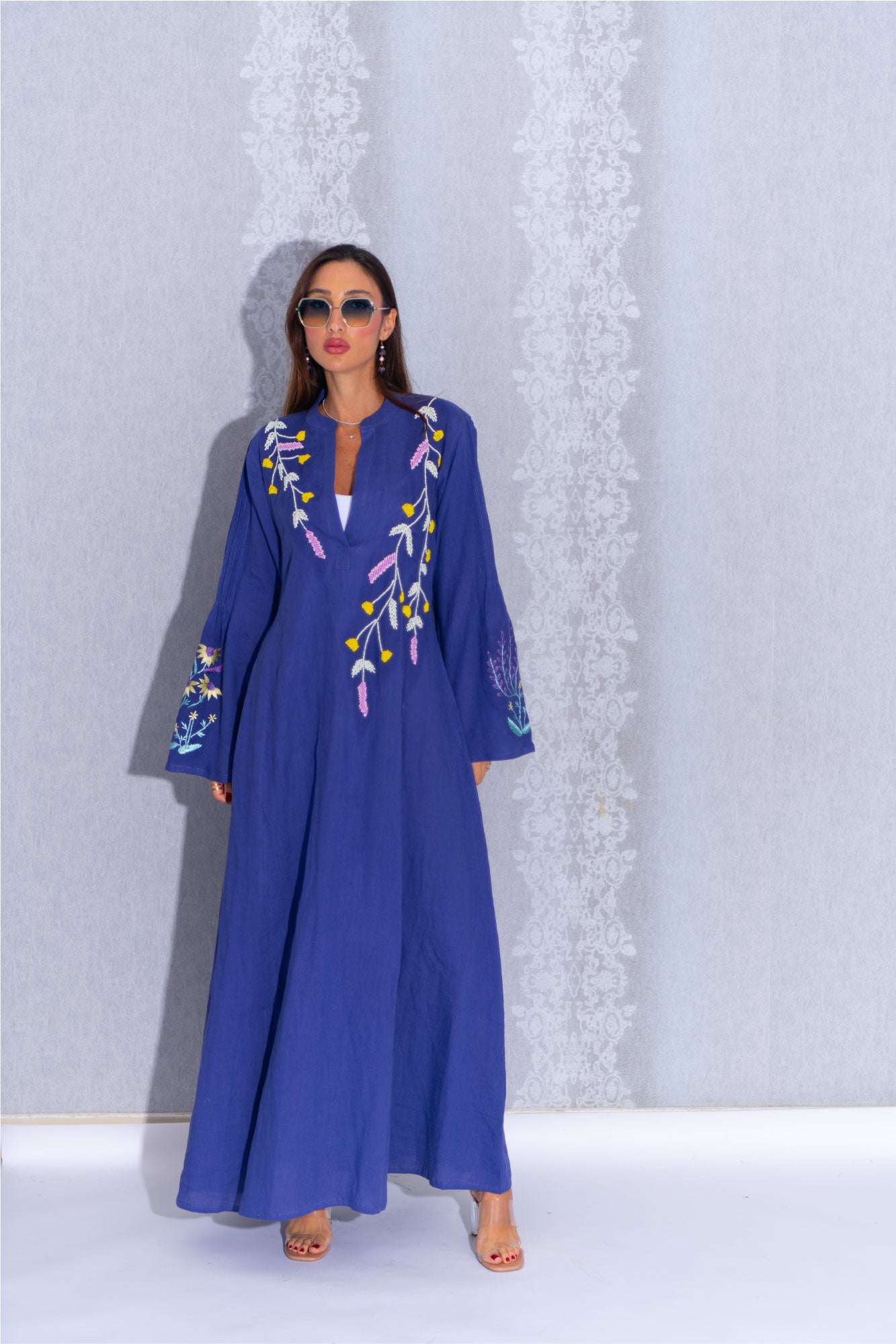 Purple Linen Abaya with Elegant Embroidery