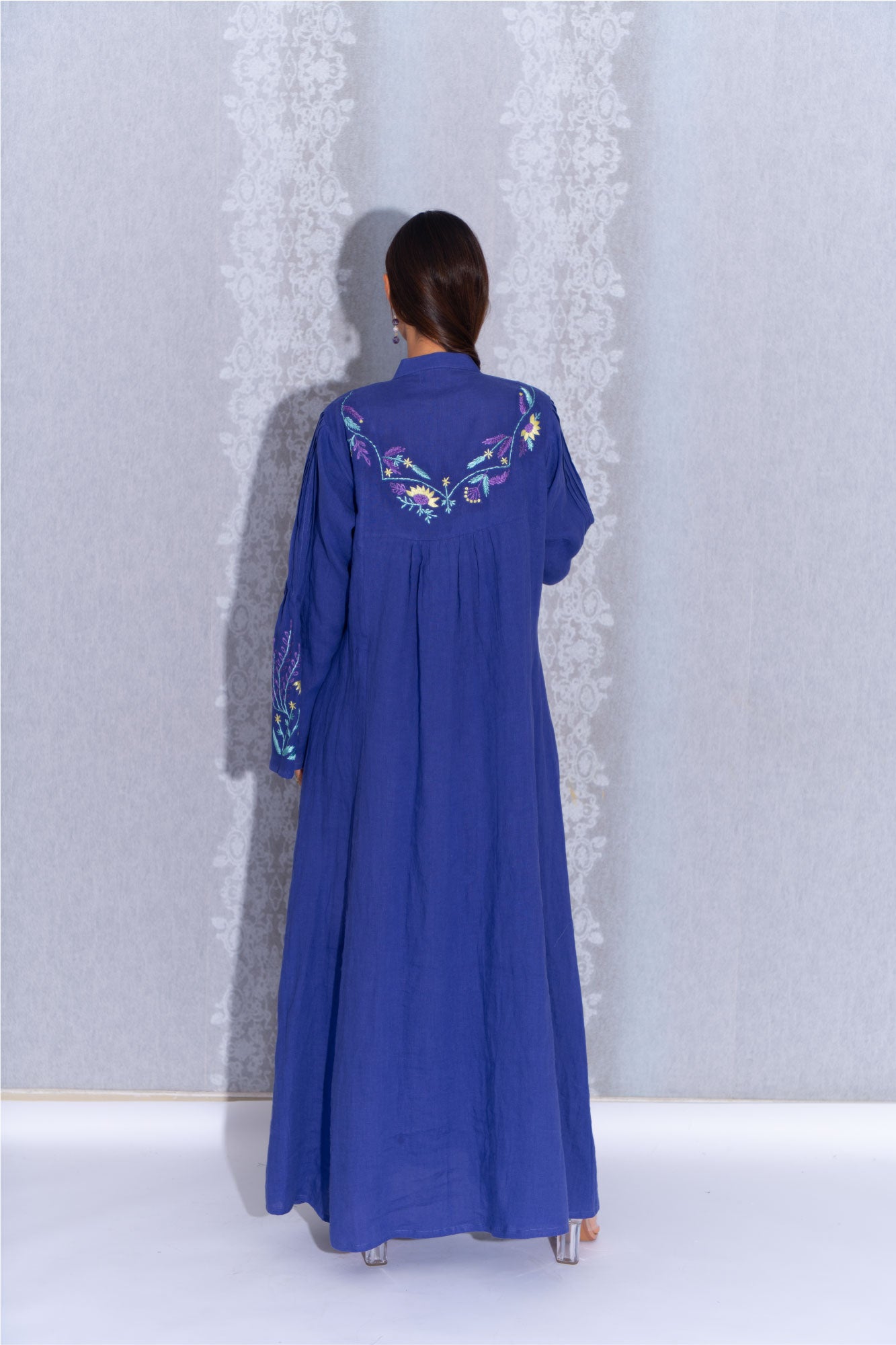 Purple Linen Abaya with Elegant Embroidery