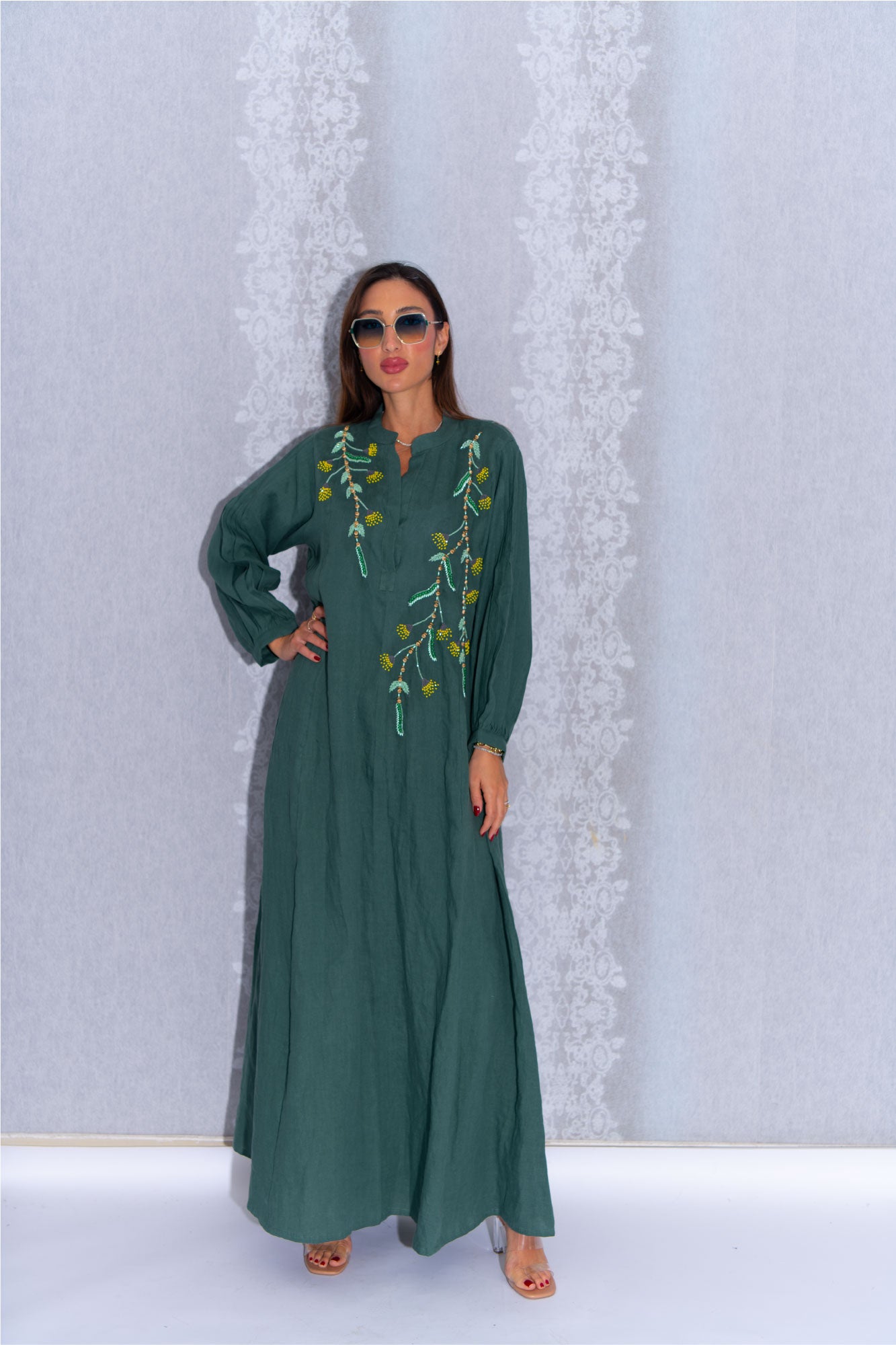 Olive Green Linen Abaya with Tree Embroidery – Nature-Inspired Fashion