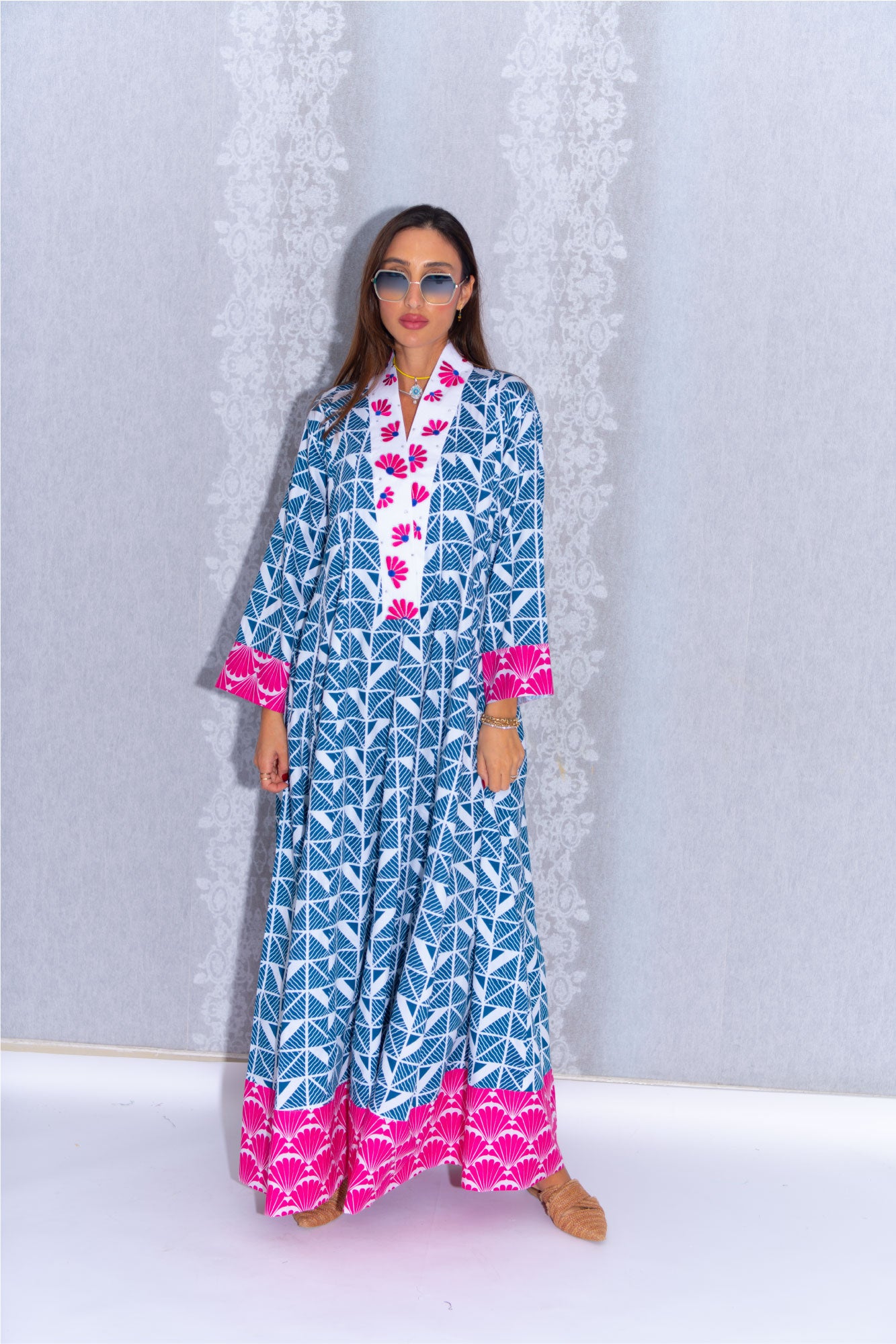 Blue and Pink Cotton Kimono-Style Abaya