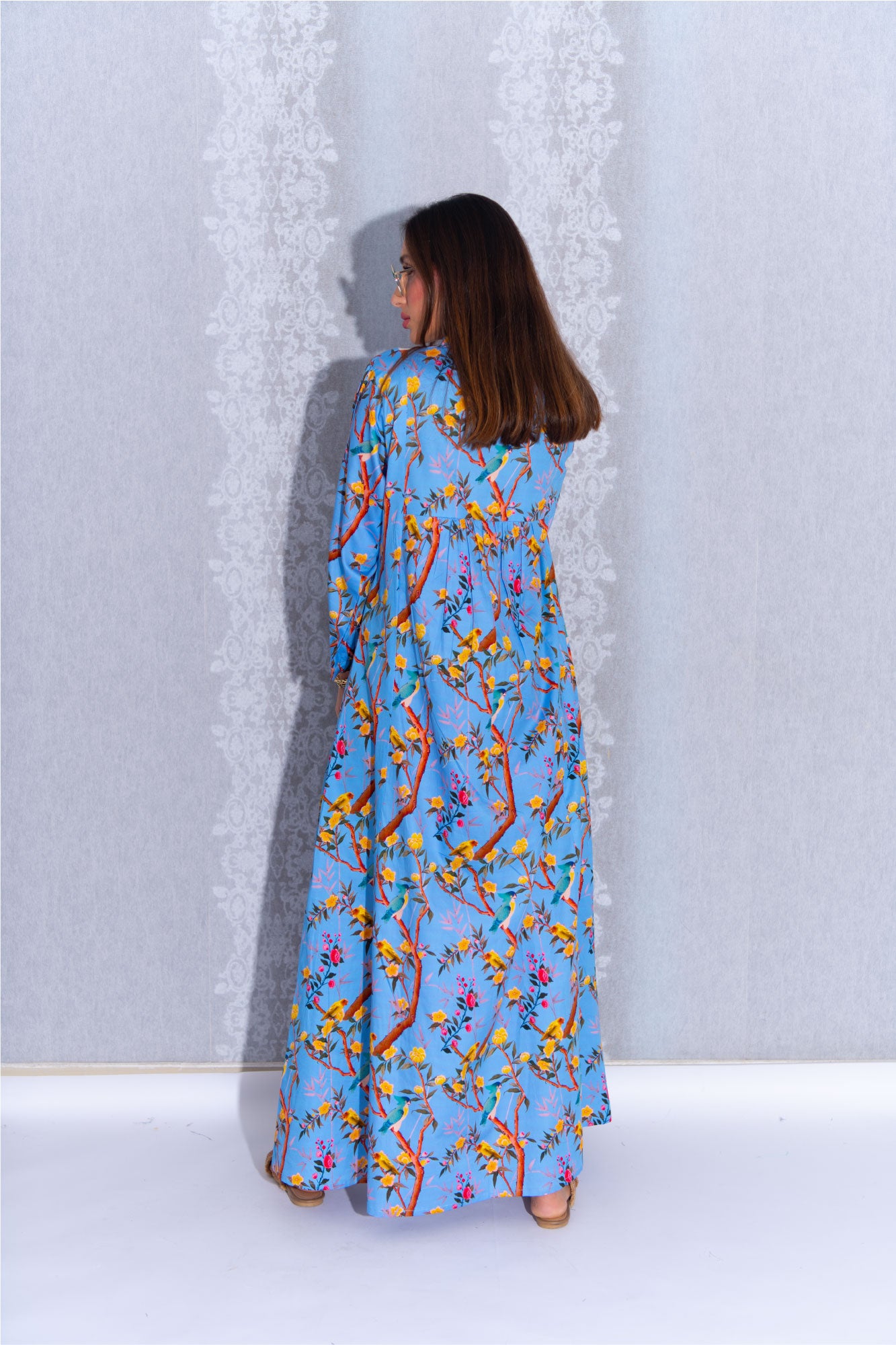 Blue Abaya with Tropical Print Design