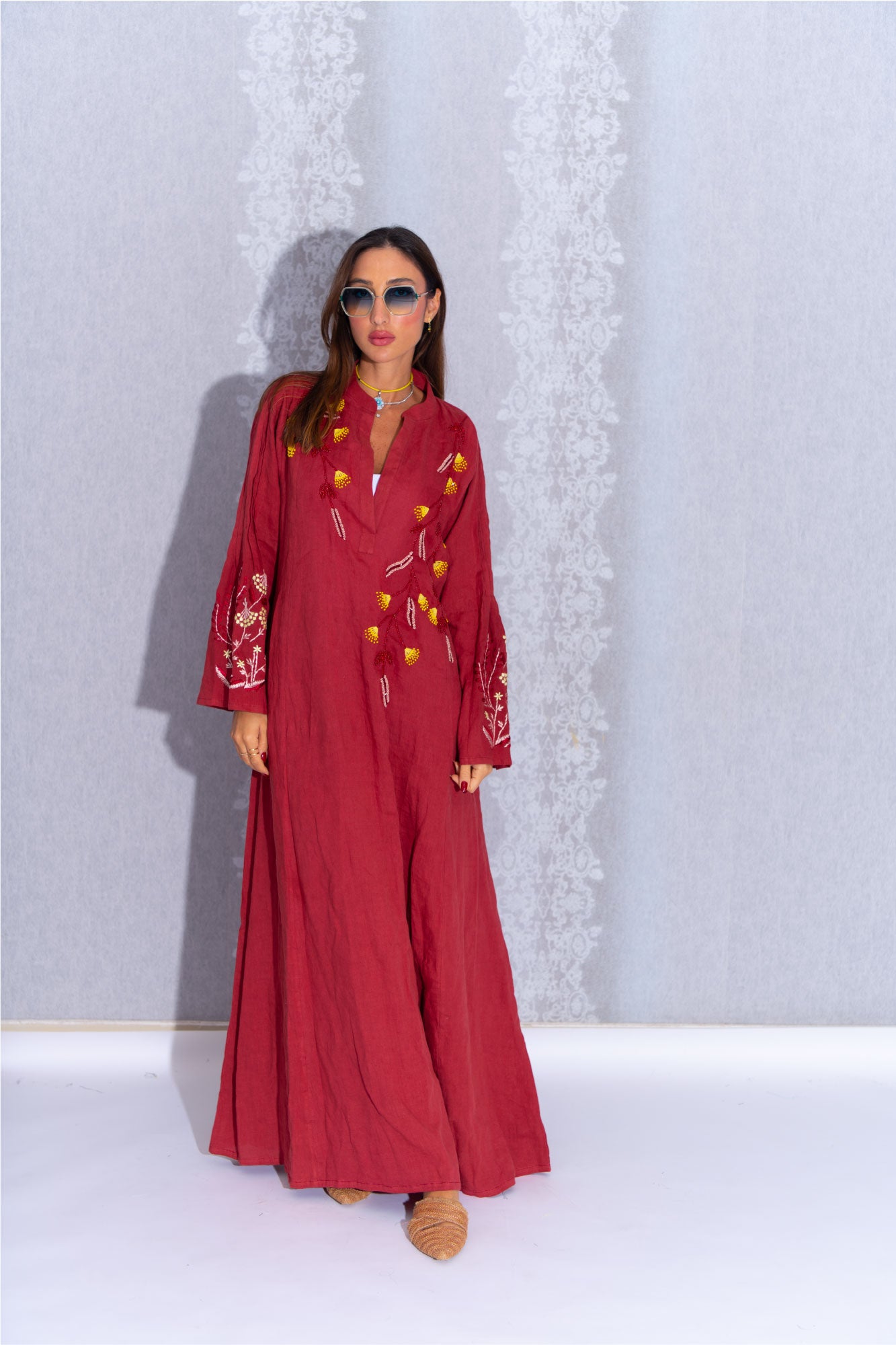 Red Brick Linen Abaya with Tree Embroidery - Rustic Charm