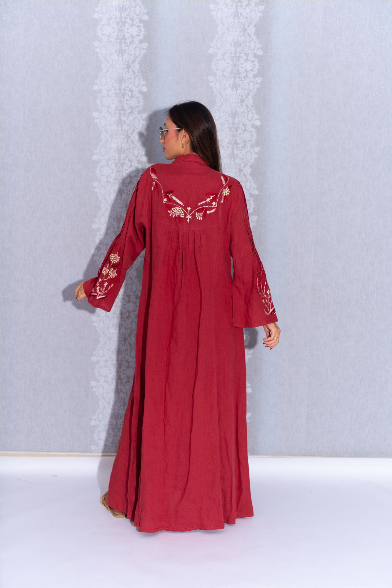 Red Brick Linen Abaya with Tree Embroidery - Rustic Charm