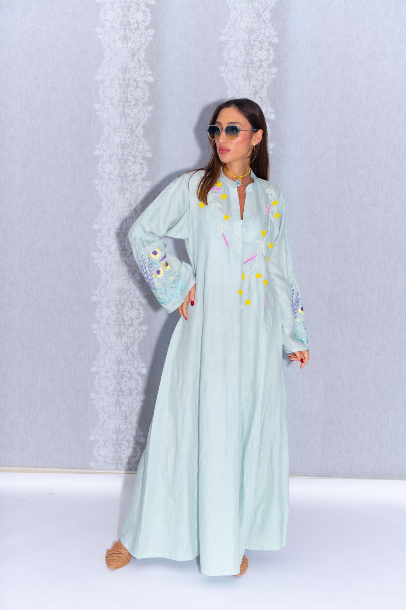 Tiffany Linen Abaya with Pastel Embroidery Detailing