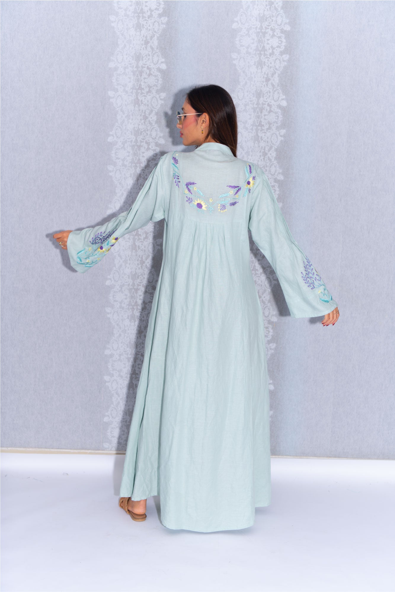 Tiffany Linen Abaya with Pastel Embroidery Detailing
