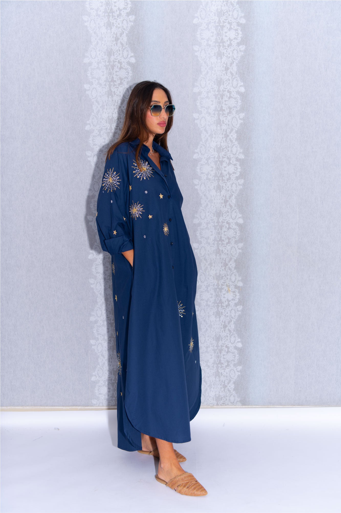 Midnight Blue Cotton Abaya with Golden Star Embellishments