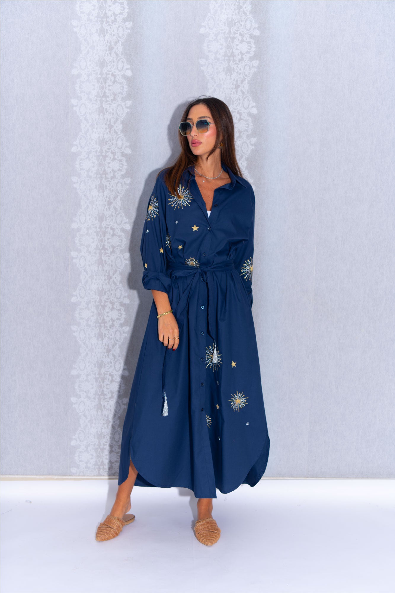 Midnight Blue Cotton Abaya with Golden Star Embellishments
