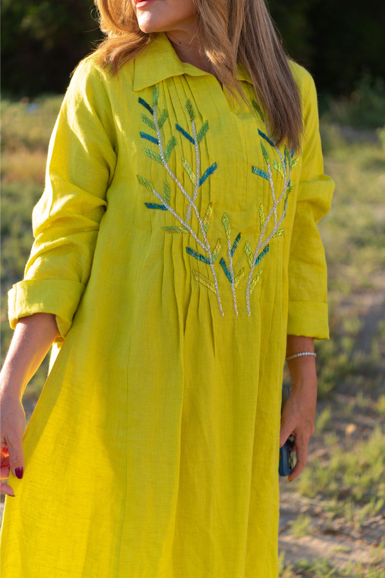 Vibrant Yellow Linen Abaya with Delicate Embroidery