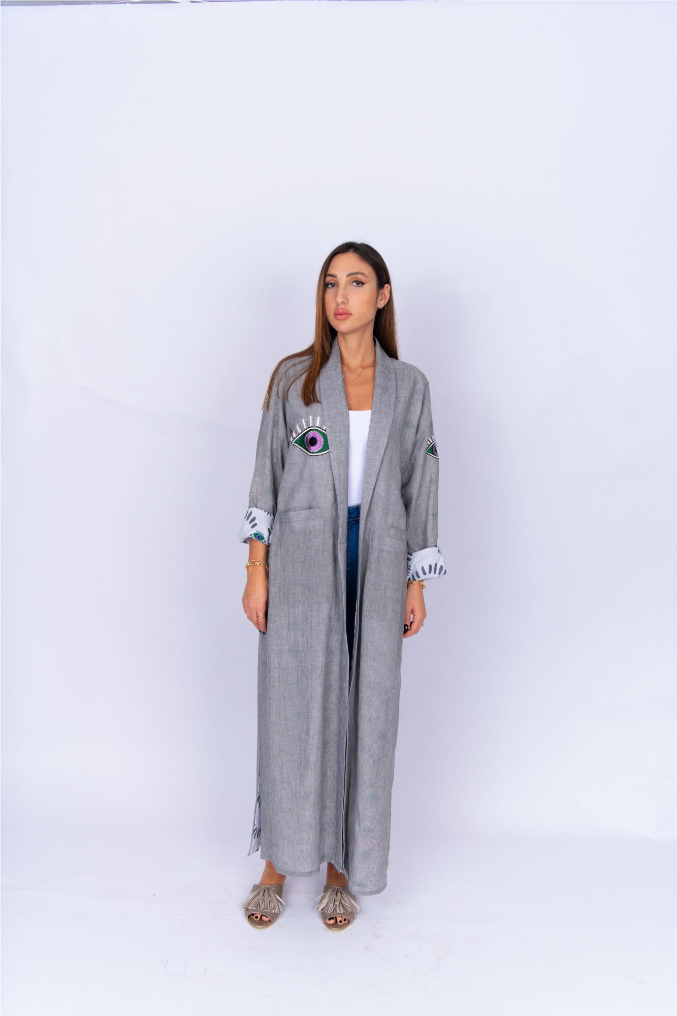 Grey Cotton Blazer Abaya with Eye Motif