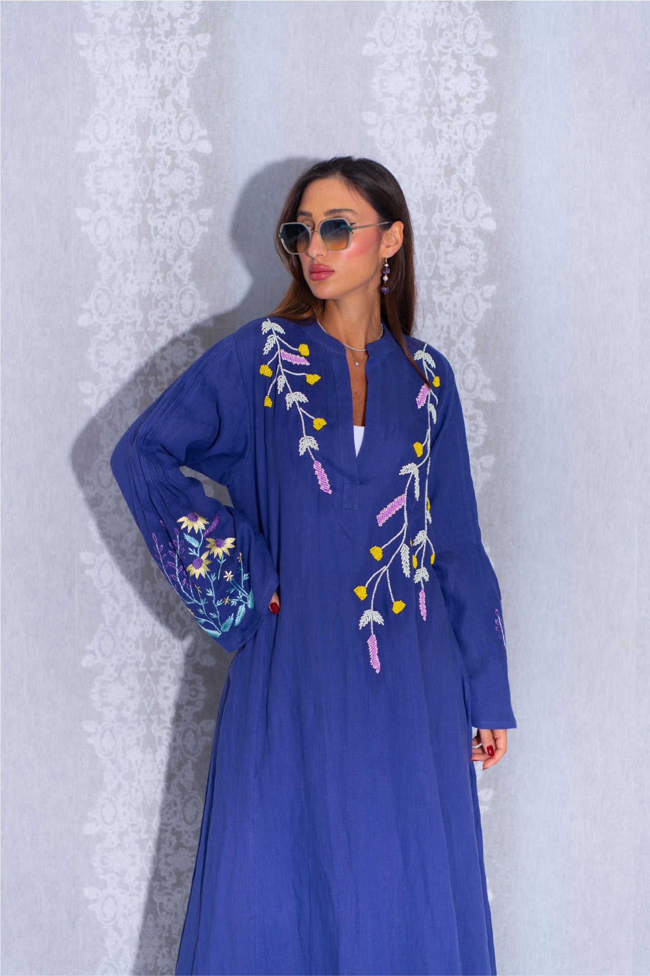 Elegant Embroidery Purple Linen Abaya dress