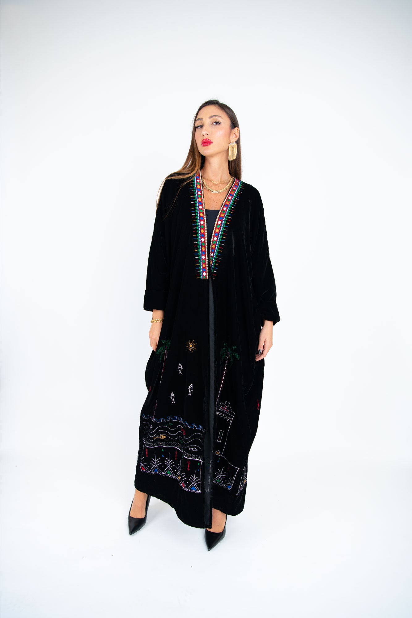 Elegant Velvet Black Abaya with Vibrant Diamond Embroidery