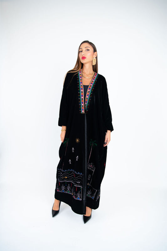 Elegant Velvet Black Abaya with Vibrant Diamond Embroidery