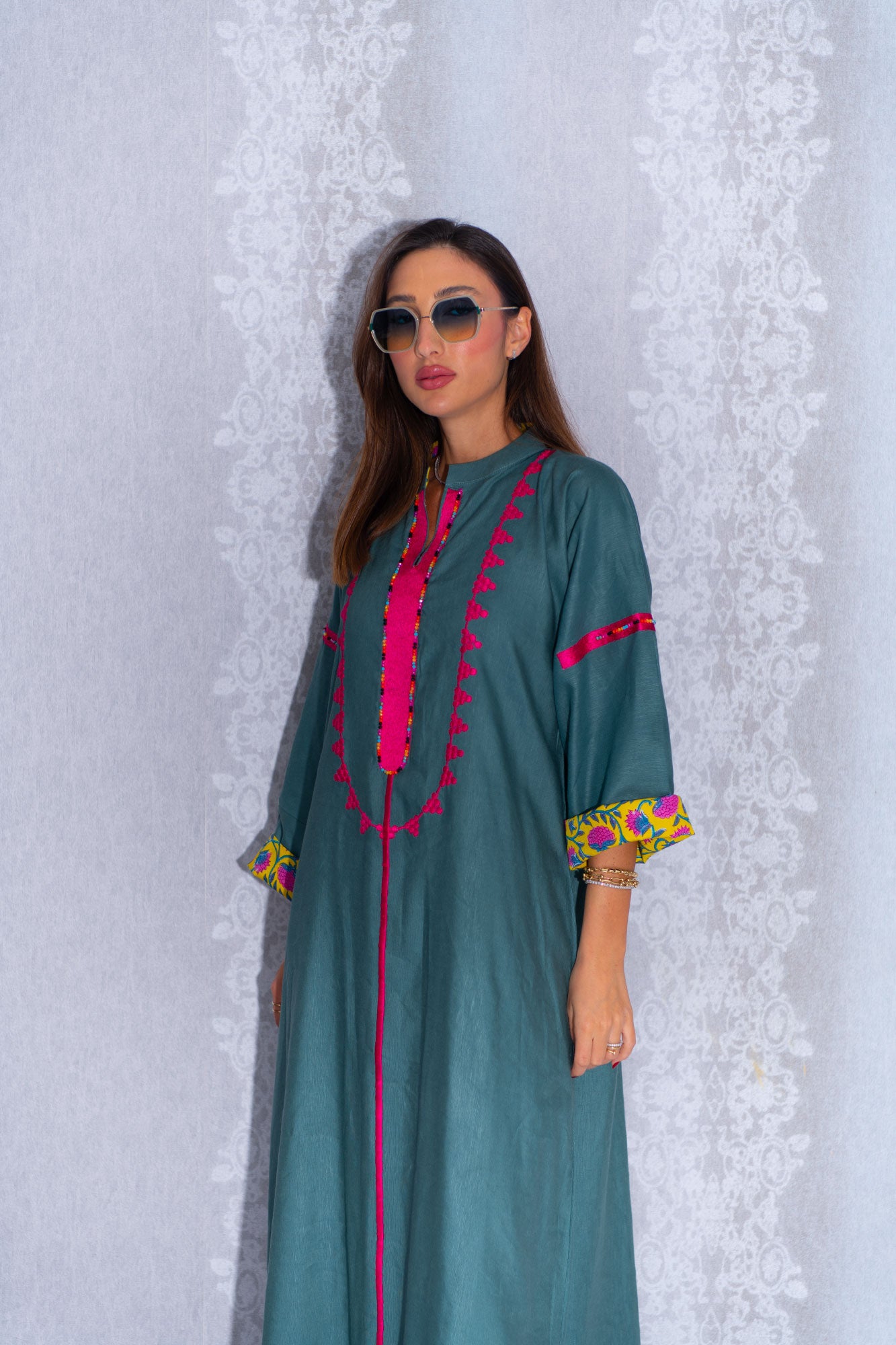 Green Hot Pink Linen Abaya