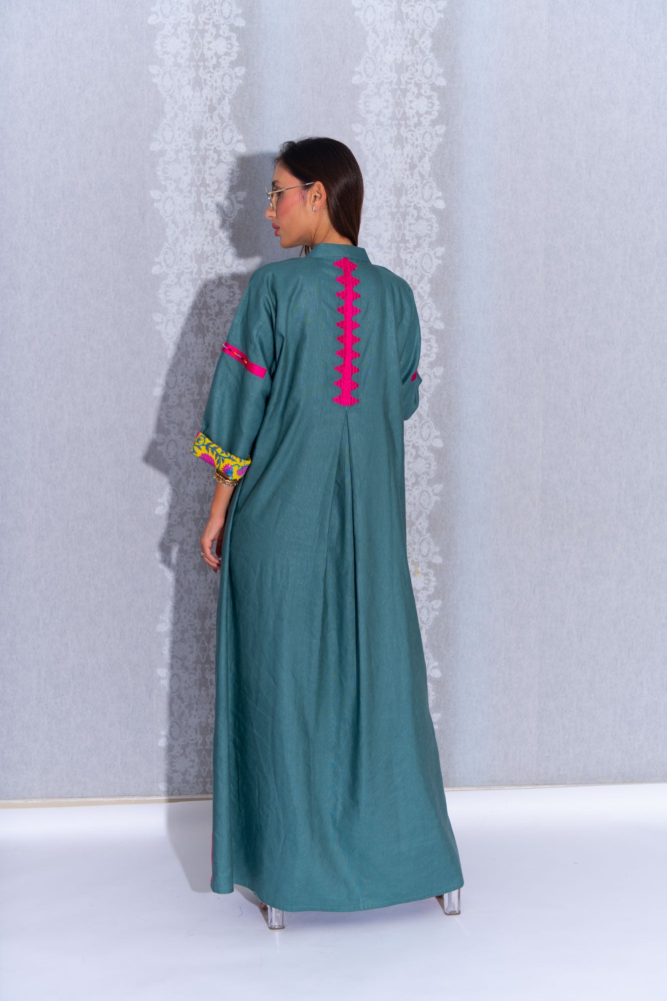 Green Hot Pink Linen Abaya with Embroidery