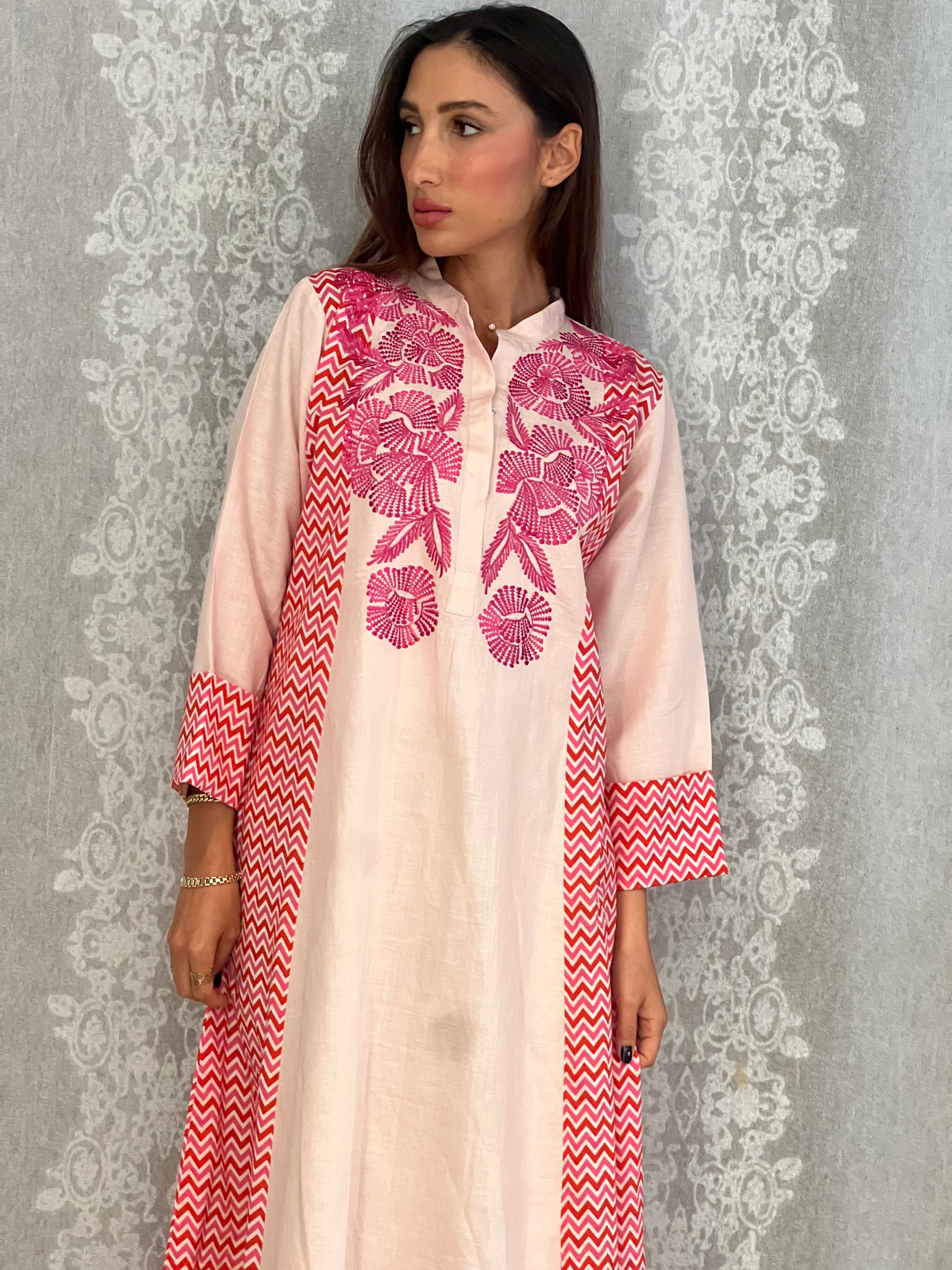 Luna Flora Linen-Cotton Abaya with Pink Embroidery