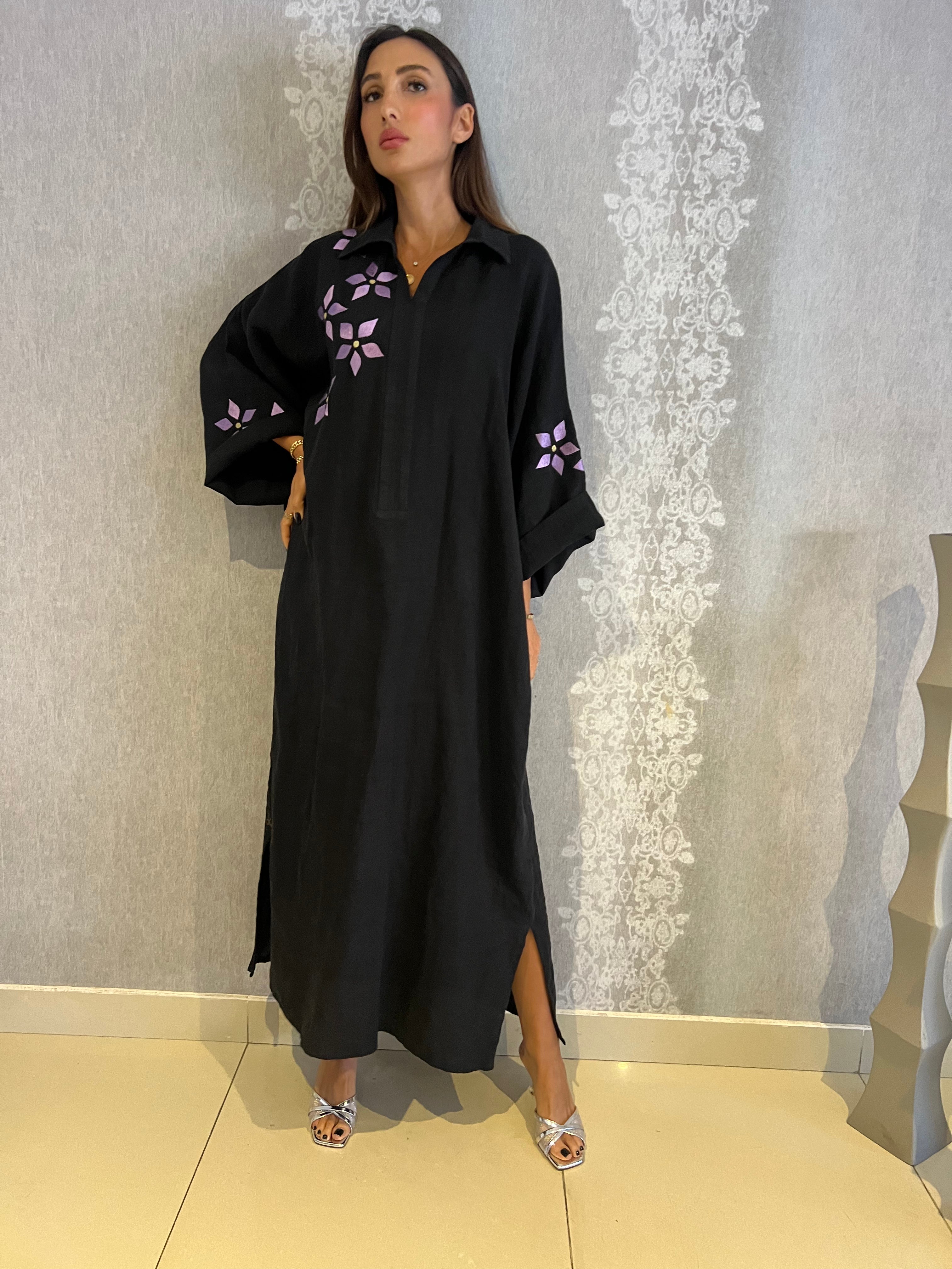 Deeza Abaya: Elegant Black with Purple Floral Accents
