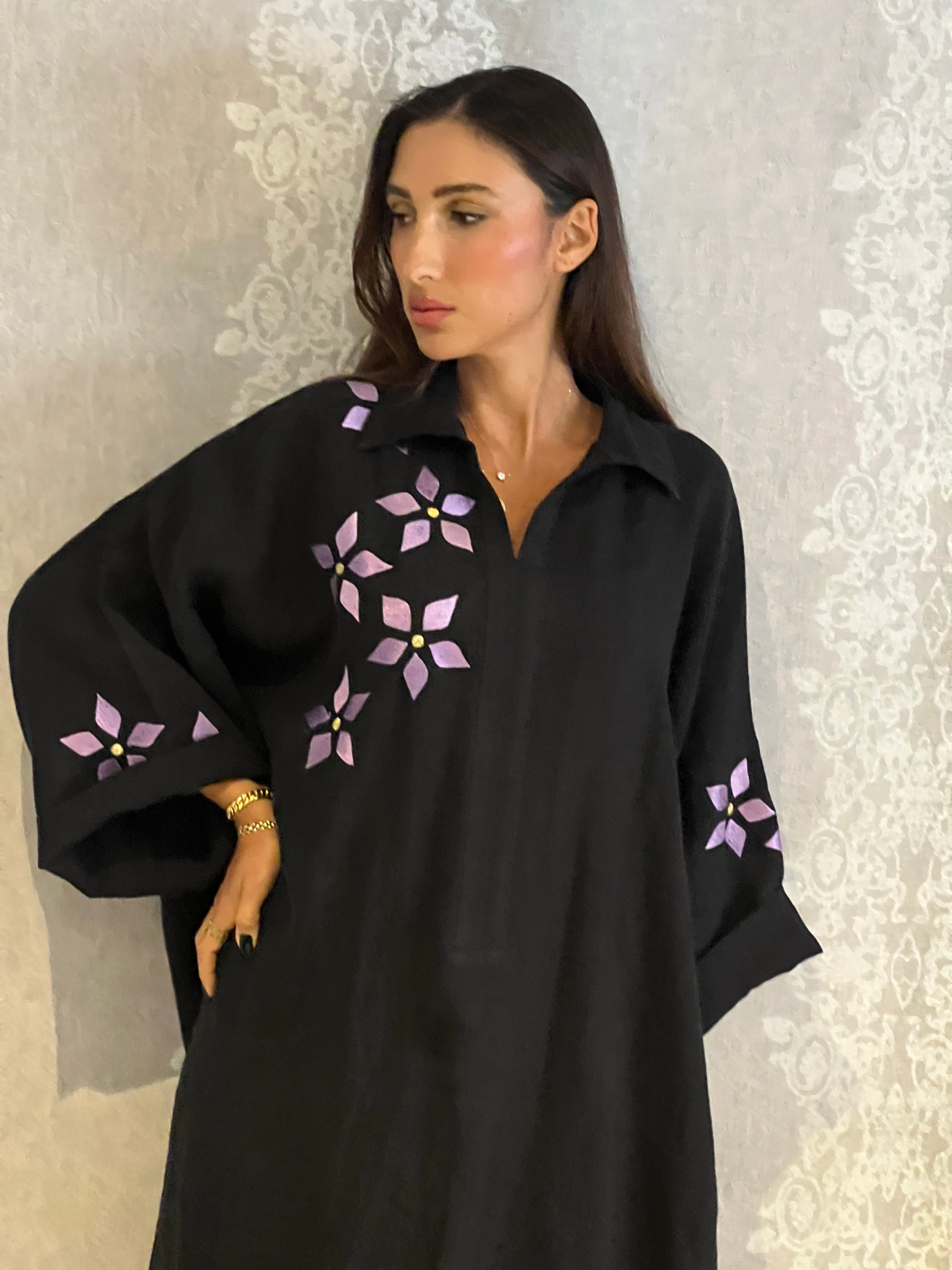 Deeza Abaya: Elegant Black with Purple Floral Accents