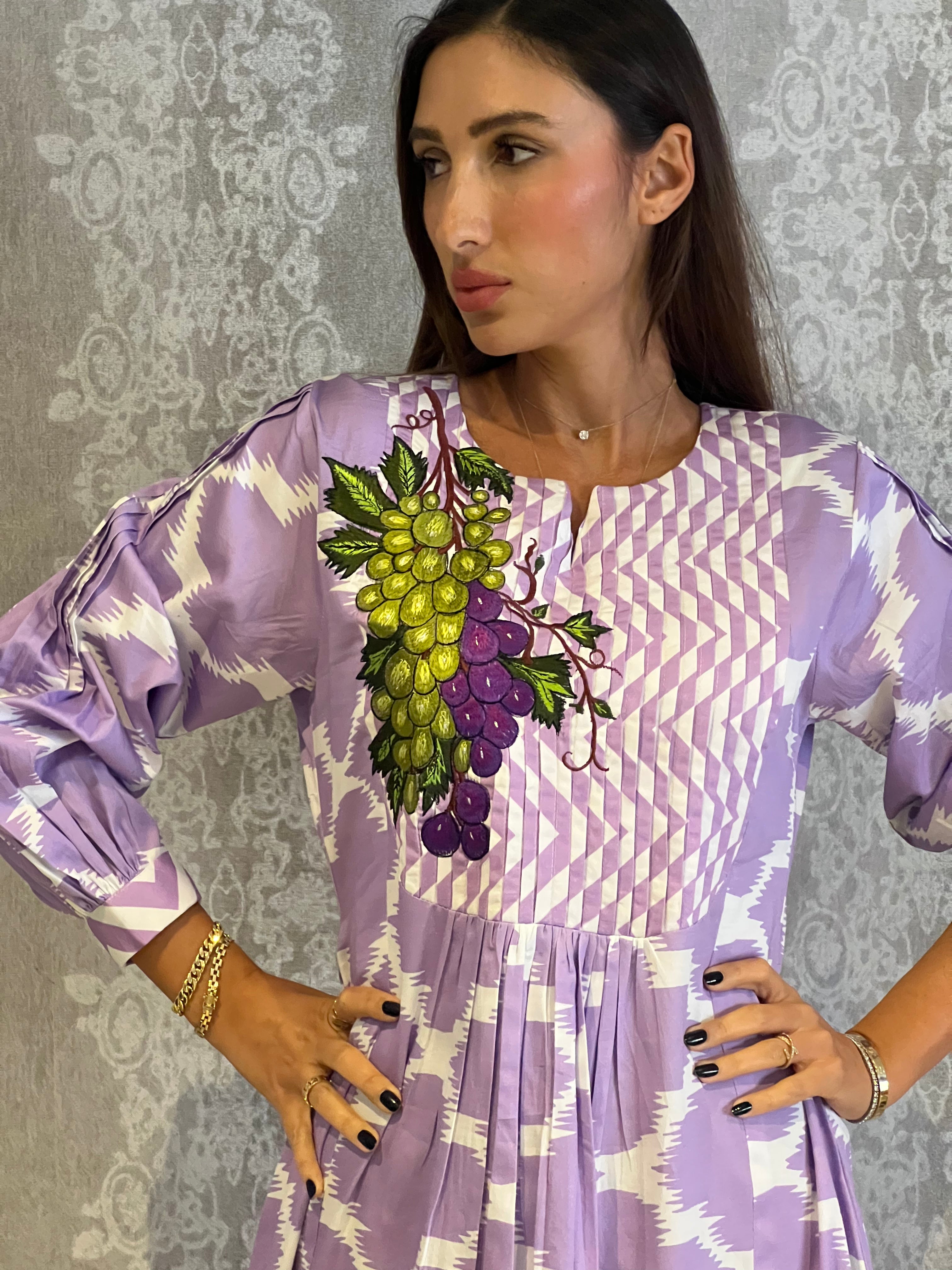 Inba Cotton Dress: Purple Ikat Print Maxi with Embellishment