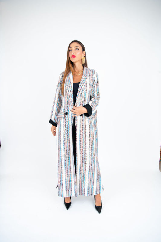 Linear Elegance Striped Wool Abaya – Sophisticated Longline Design