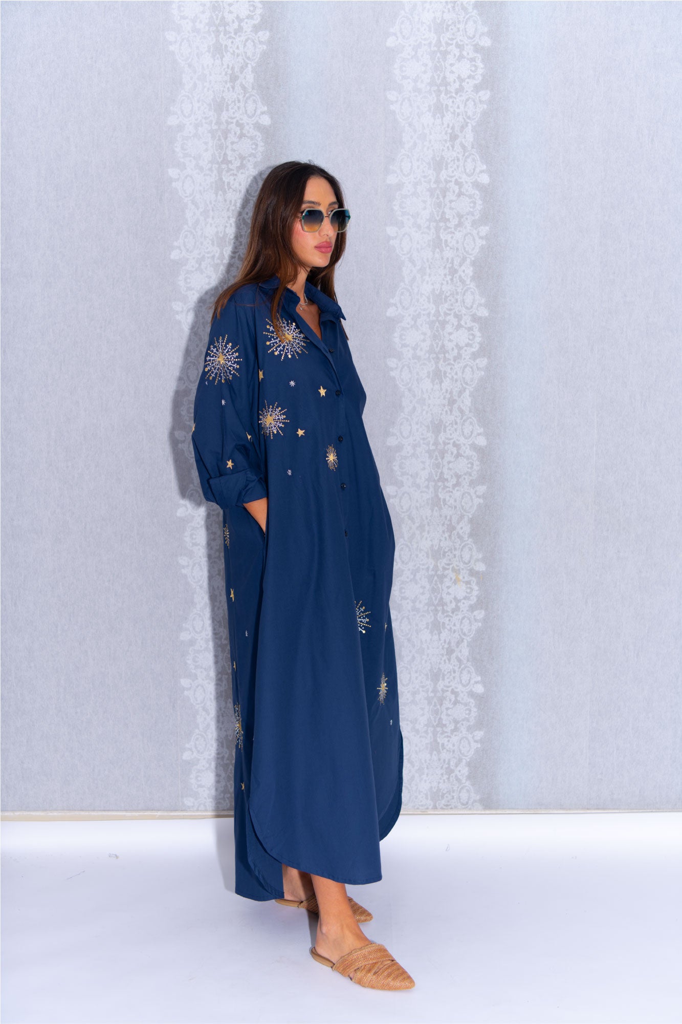 Midnight Blue Cotton Abaya with Golden Star