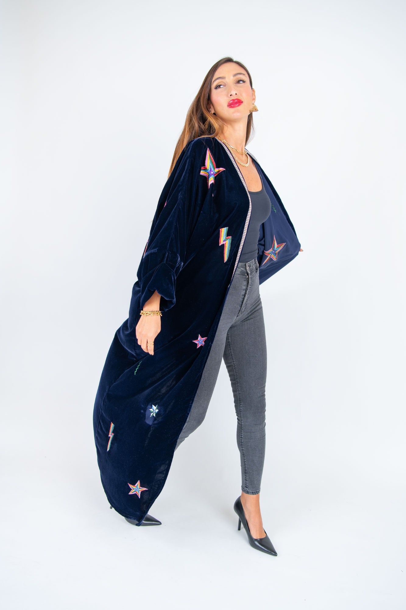Navy Velvet Abaya with Star Embellishments
