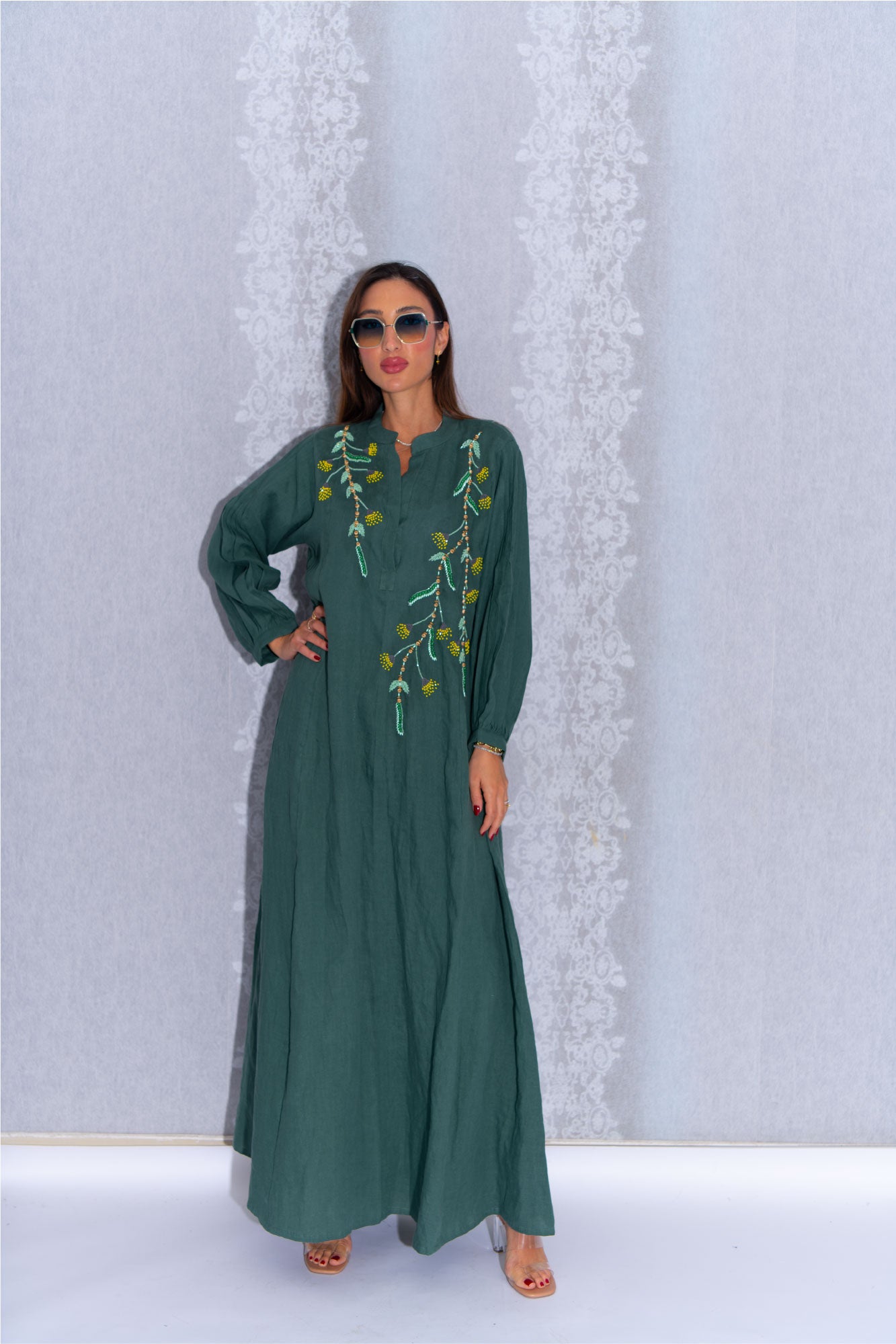 Olive Green Linen Abaya with Tree Embroidery
