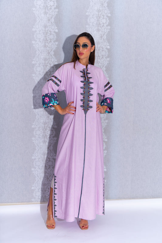 Pink Linen Abaya with Tribal Accents