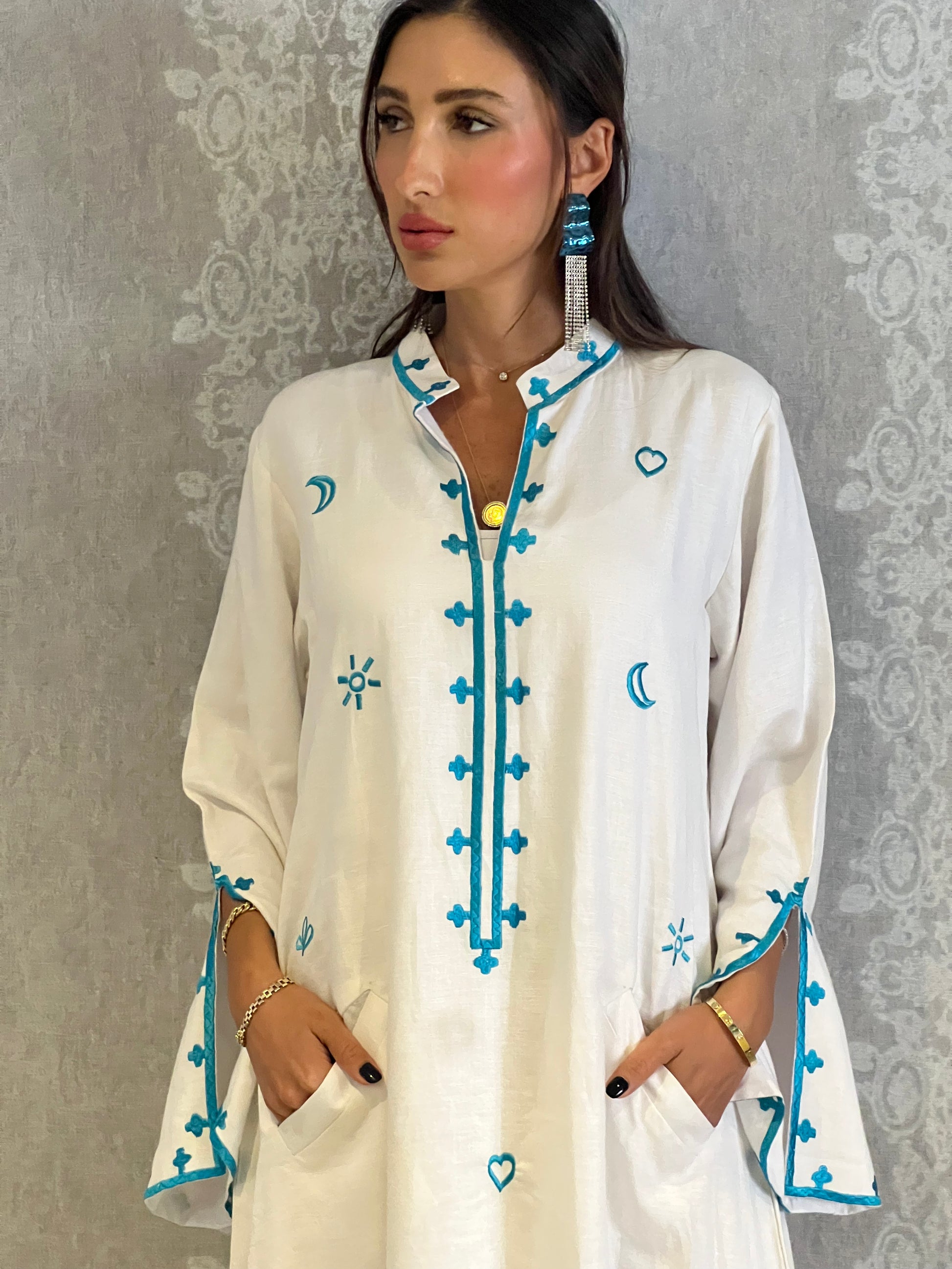 Traditional White Abaya with Blue Embroidery