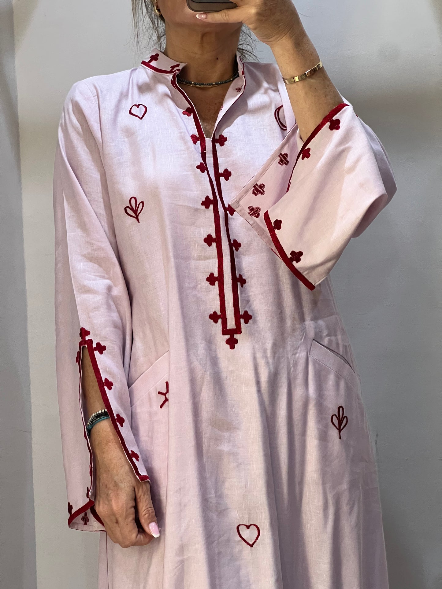 Traditional light pink Abaya with red Embroidery