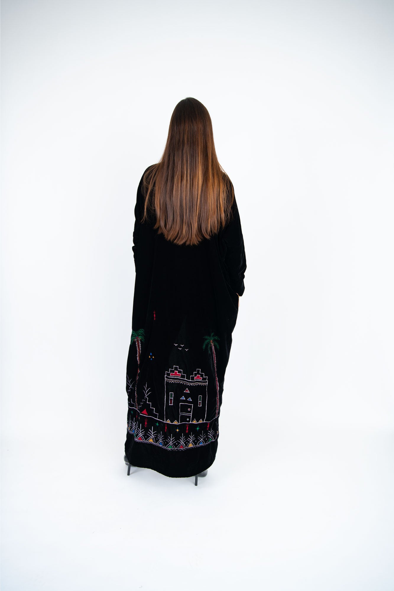 Velvet Black Abaya with Vibrant Diamond Embroidery