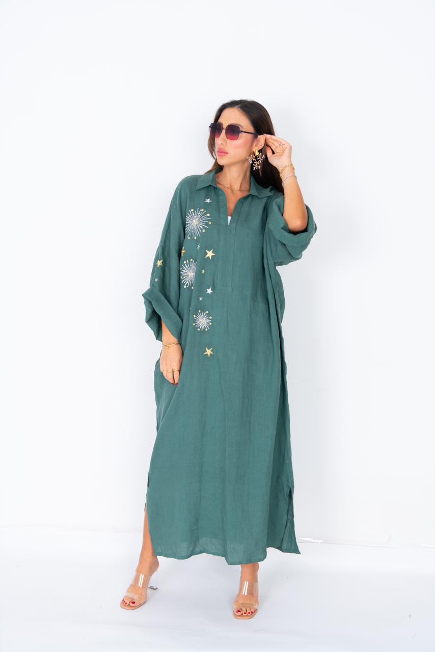 Celestial Charm Teal  Linen Dress with Star Embellishments