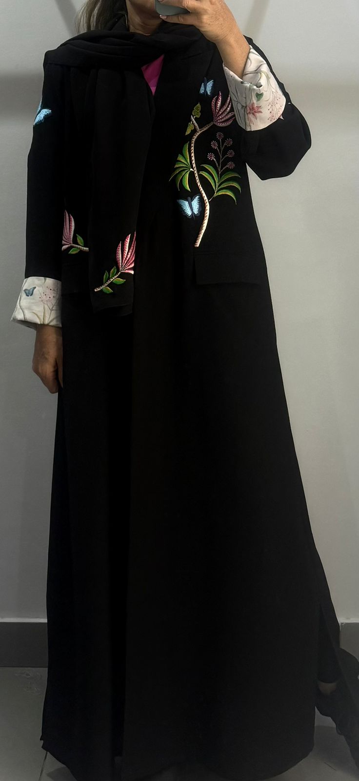 Floral Embroidered Black Abaya with Contrast Cuffs