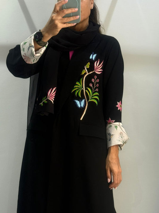 Floral Embroidered Black Abaya with Contrast Cuffs