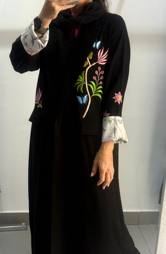 Floral Embroidered Black Abaya with Contrast Cuffs