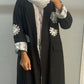 Black Abaya with Abstract White Embroidery and Printed Lining