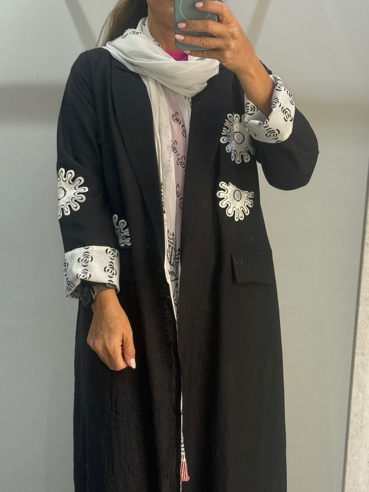 Black Abaya with Abstract White Embroidery and Printed Lining