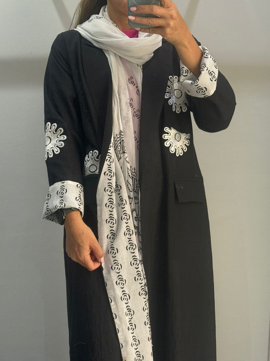 Black Abaya with Abstract White Embroidery and Printed Lining