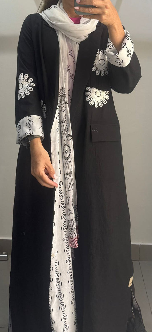 Black Abaya with Abstract White Embroidery and Printed Lining
