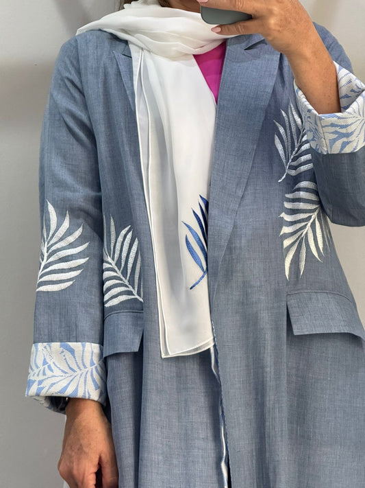 Light Denim Blue Abaya with Palm Leaf Embroidery and Printed Lining