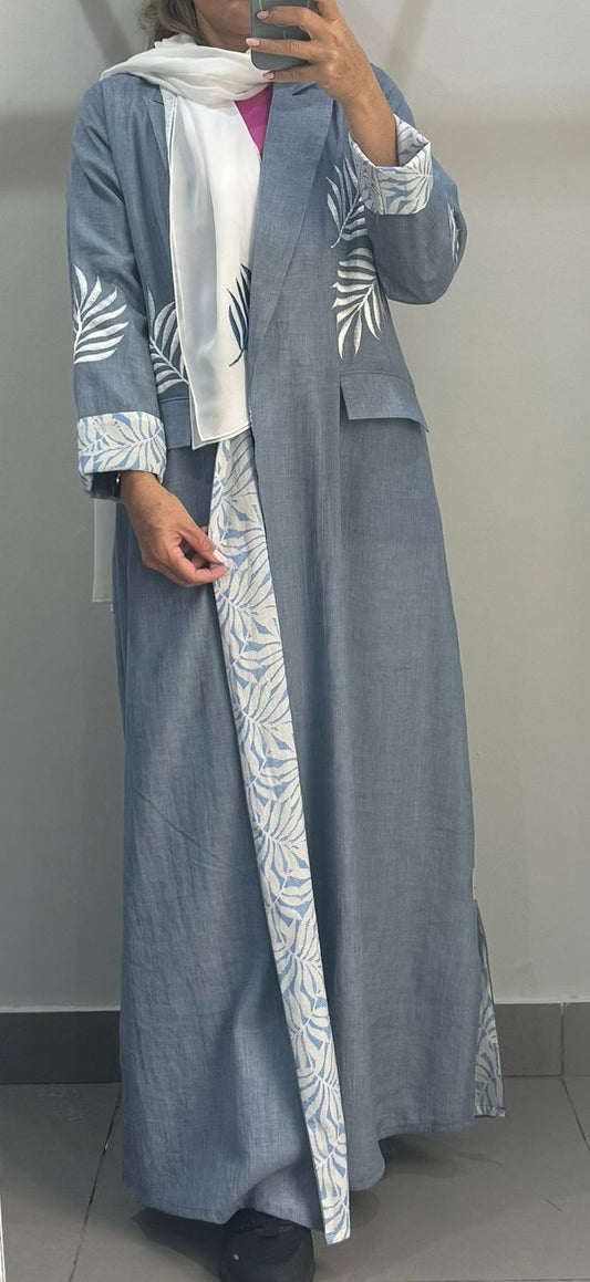 Light Denim Blue Abaya with Palm Leaf Embroidery and Printed Lining