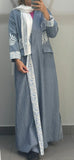 Light Denim Blue Abaya with Palm Leaf Embroidery and Printed Lining
