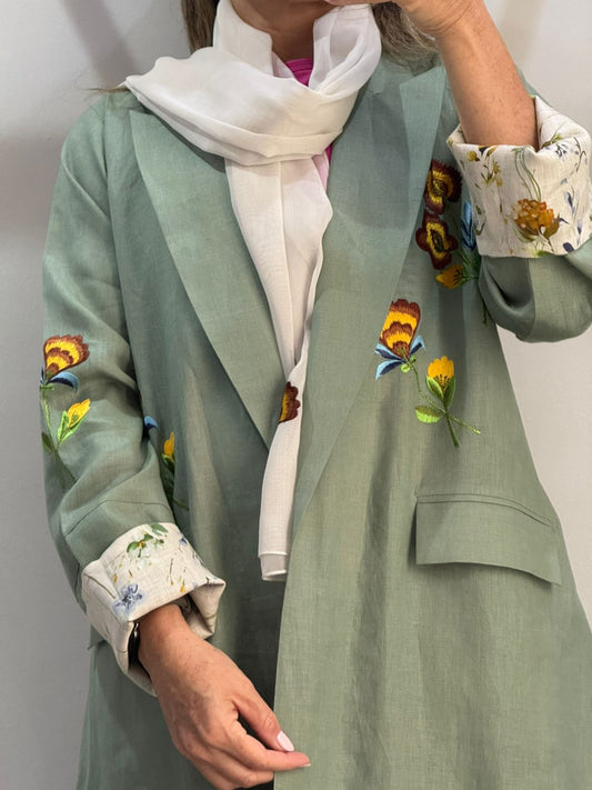 Sage Green Abaya with Bold Floral Embroidery and Printed Cuffs
