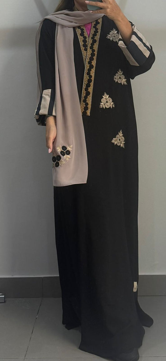 Black Abaya with Golden Embroidery and Striped Cuffs