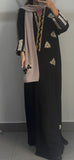 Black Abaya with Golden Embroidery and Striped Cuffs