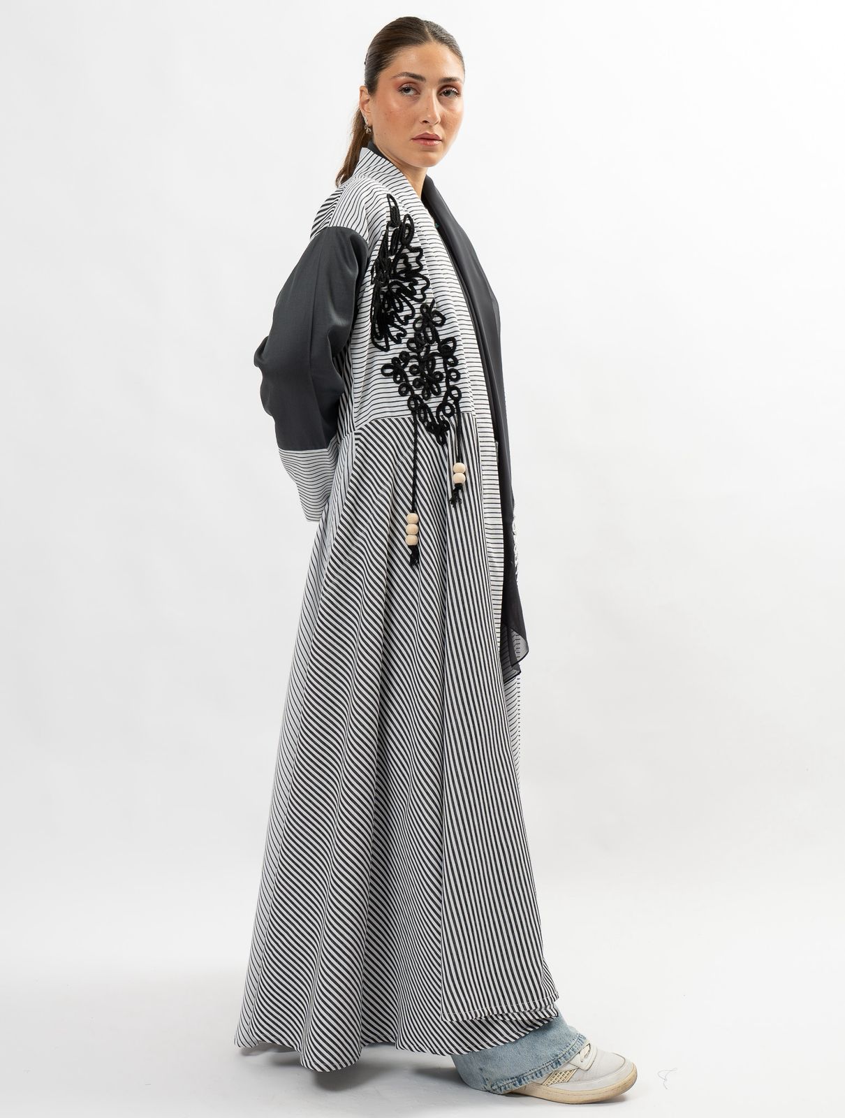 Beige striped abaya