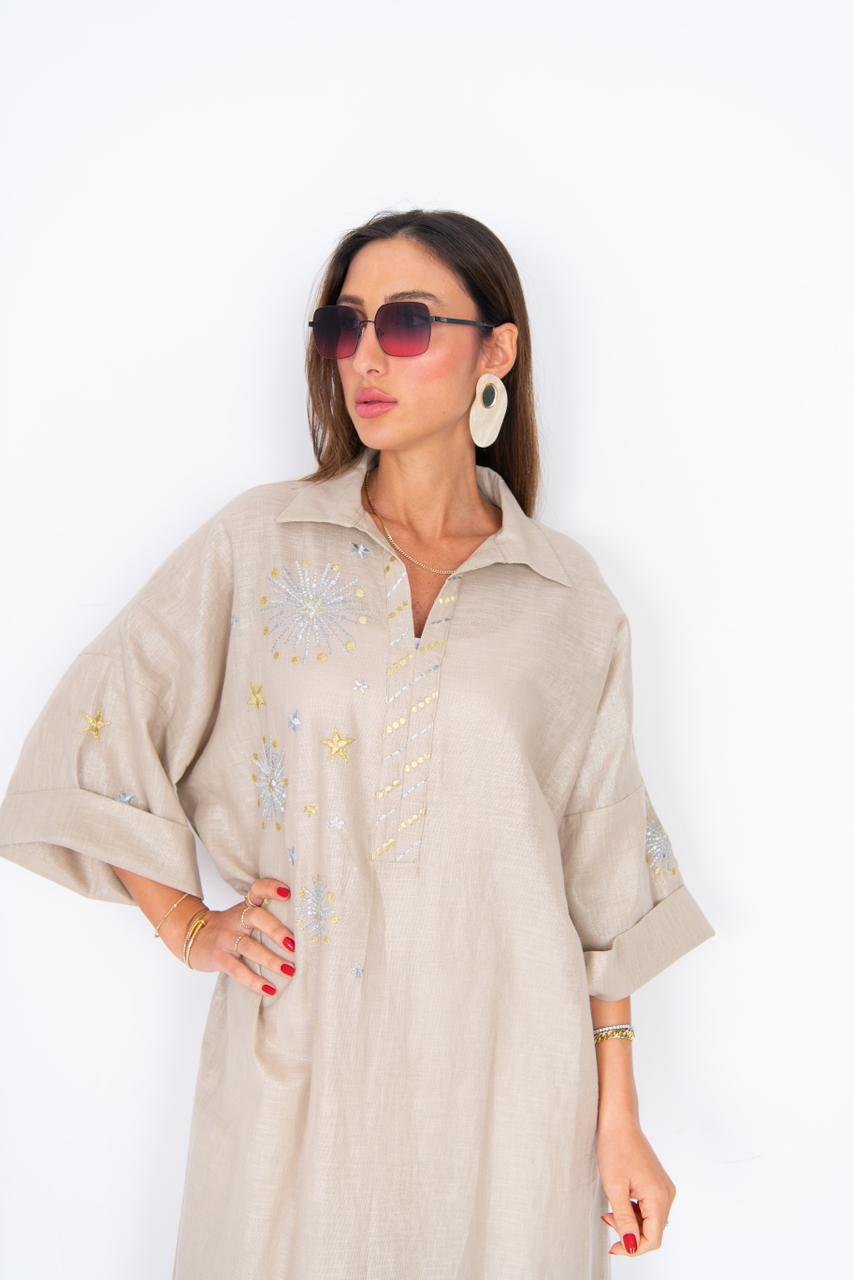 baige Celestial Charm Teal  Linen Dress 