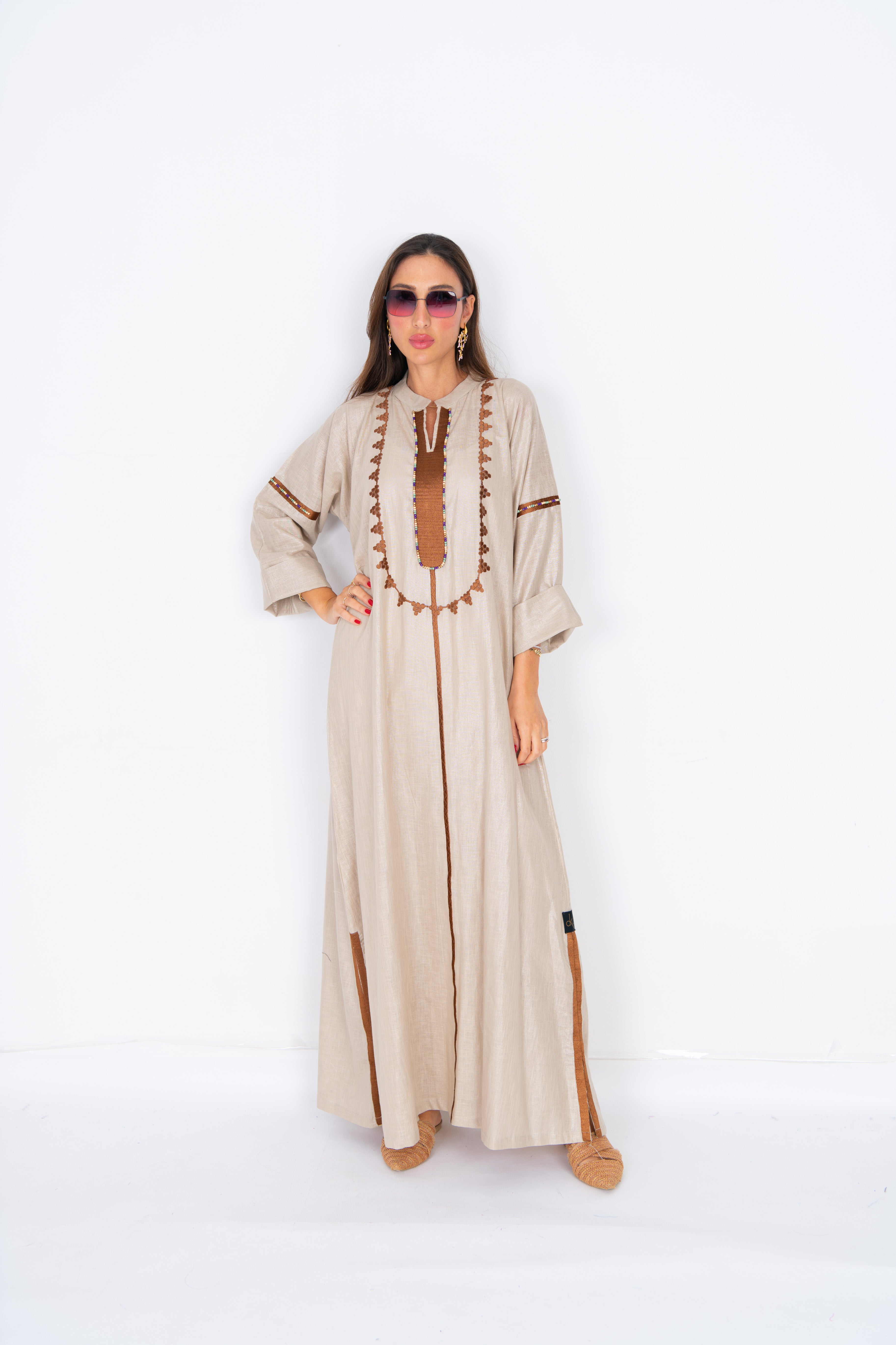 brown baige Linen Abaya