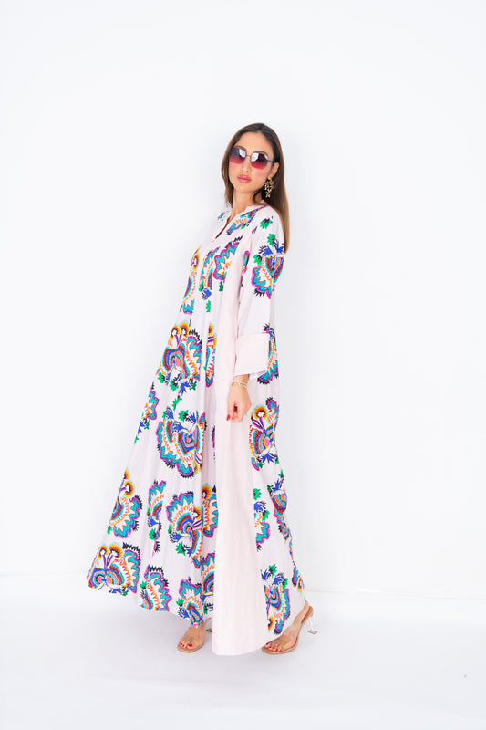 white Abaya with Colorful Embroidery