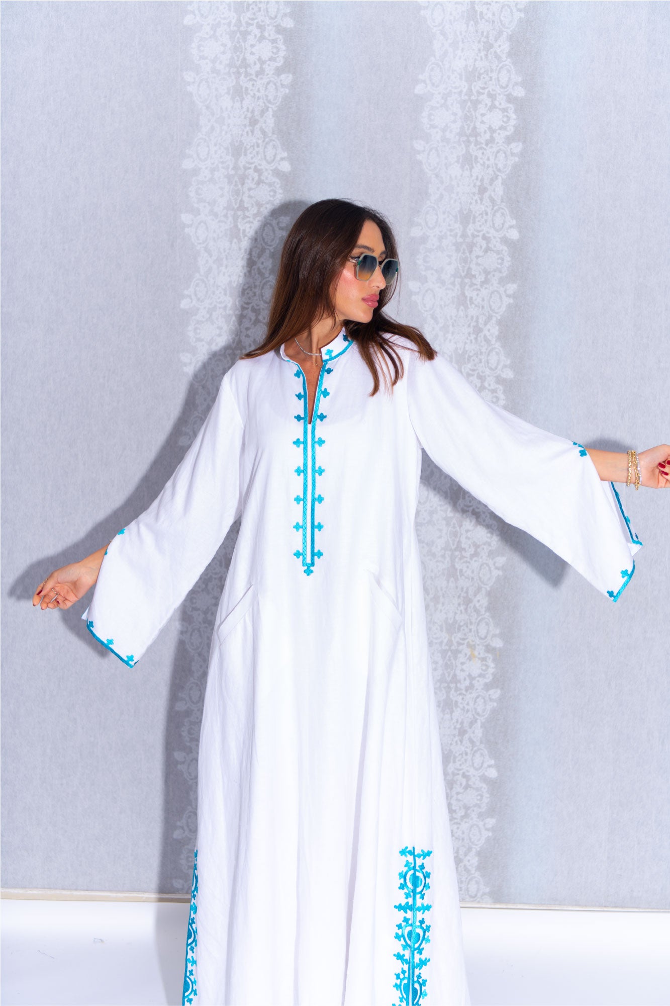 white Arabesque Linen Abaya